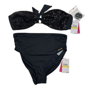 Vince Camuto Sequin Bandeau Bra Bikini Top & High Waist Bottoms Black M New